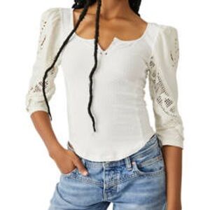 NEW Free People Brunch Date Knit V-Neck 3/4 Puffed Sleeve Top XL